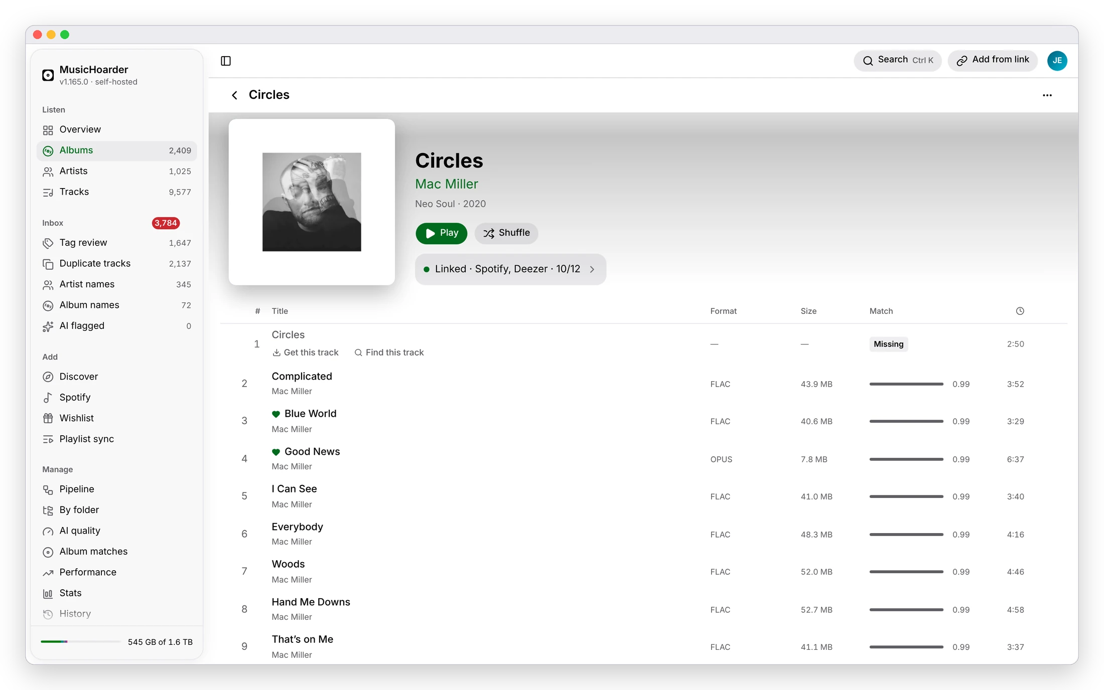 An album page on the desktop: Mac Miller's Circles, linked to Spotify and Deezer with 10 of 12 tracks present, the missing opener listed with Get this track and Find this track