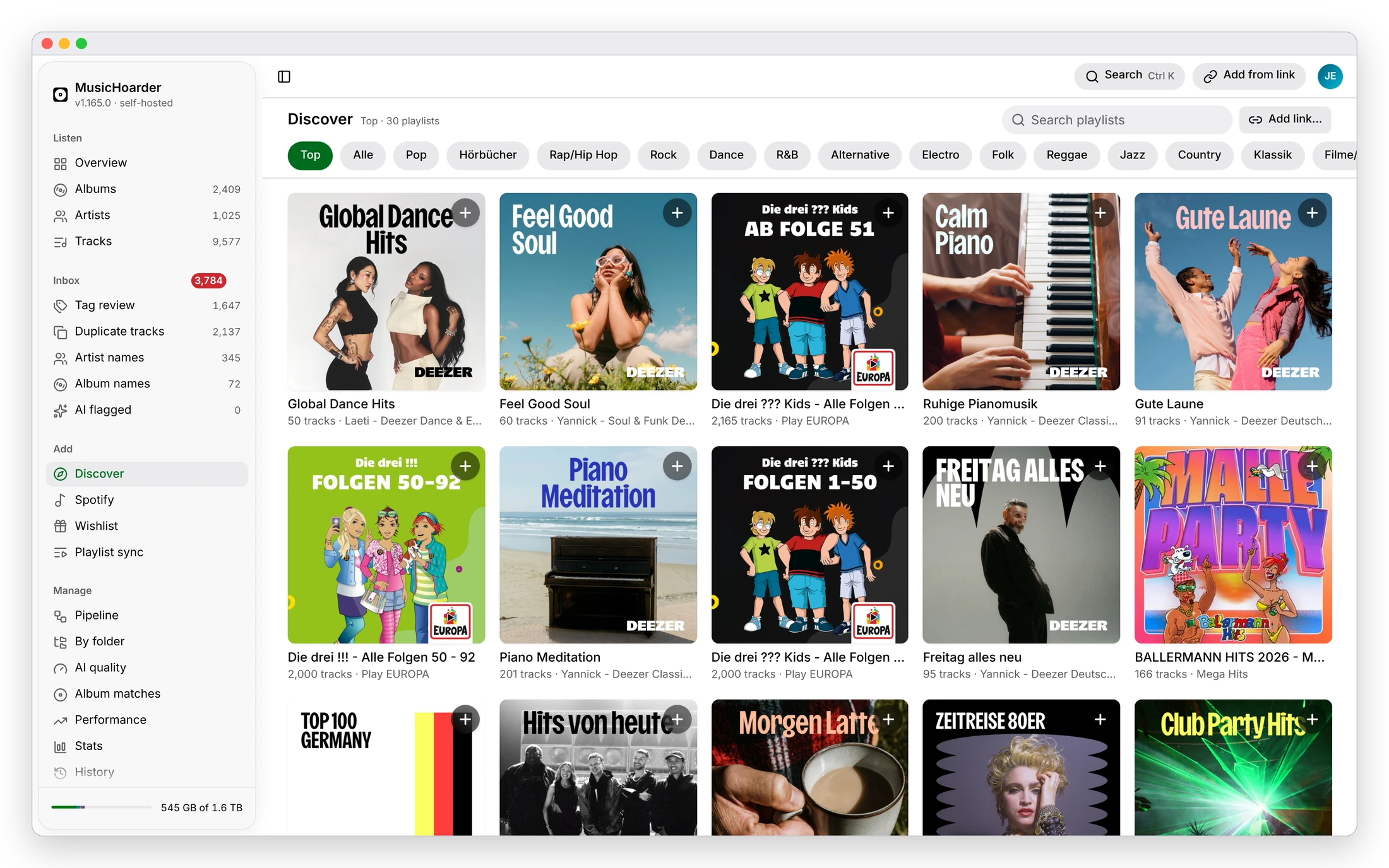 The Discover page: editorial and chart playlists with genre filters, a search box, a paste-a-link button and one-click subscribe