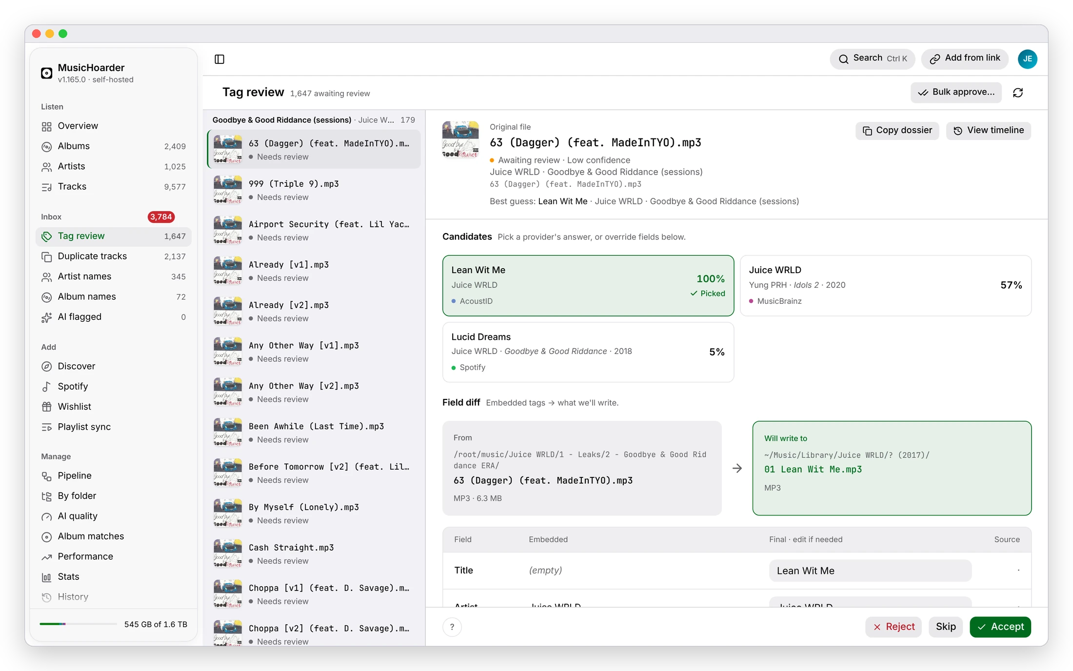 Tag review on the desktop: a file named 63 (Dagger) (feat. MadeInTYO).mp3 identified by its fingerprint as Lean Wit Me at 100%, next to the other providers' candidates and a From to Will-write-to diff of the file's path